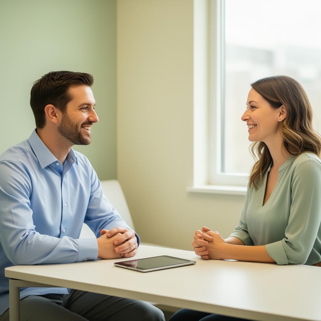 Friendly practitioner consulting with a patient across a table in a sunlit clinic room