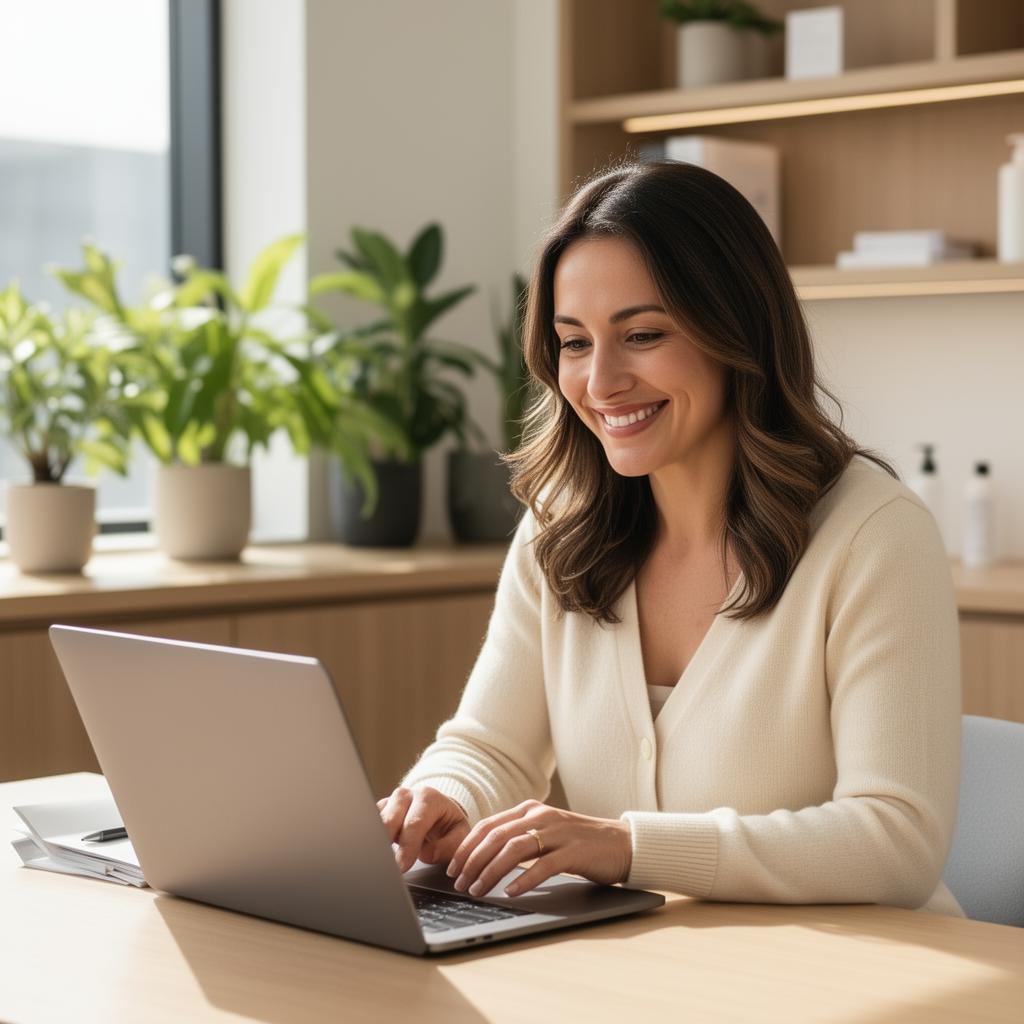 Health coach smiling during an online video consultation in a bright clinic office